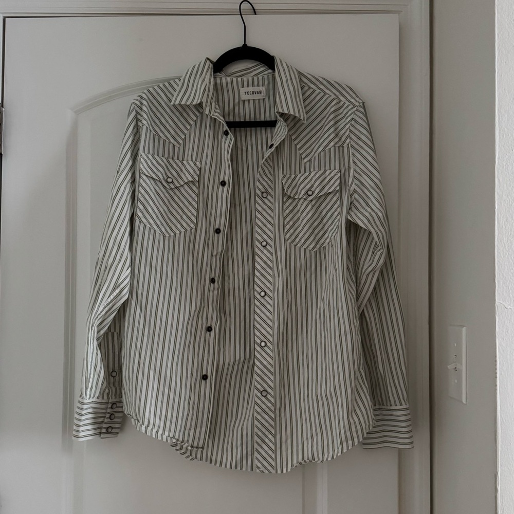 Tecovas Green and White Striped Long Sleeve Button Down Shirt